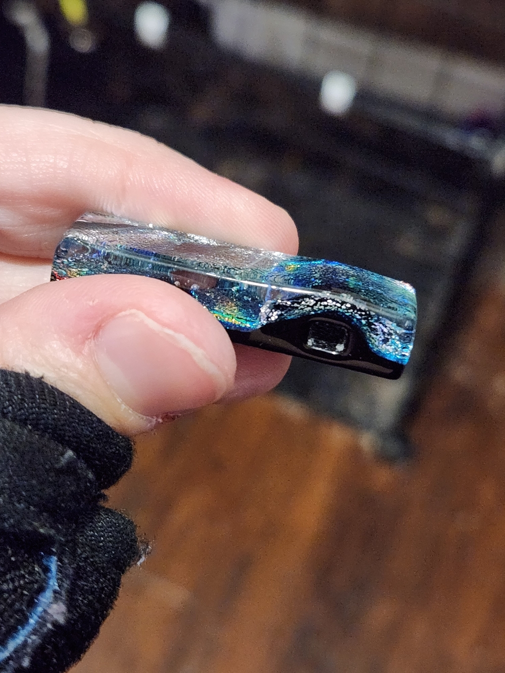 Dichroic Glass Large Rectangular Bead - Blue, Silver, Red, and Green - Picture 4 of 6